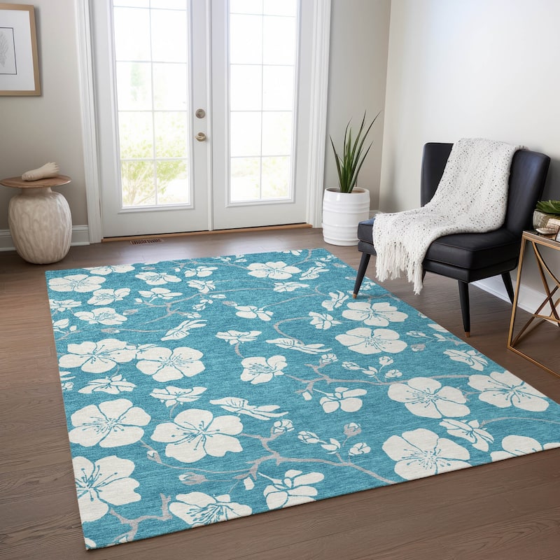 Machine Washable Indoor/ Outdoor Calm Floral Chantille Rug - Turquoise - 2'6" x 3'10"