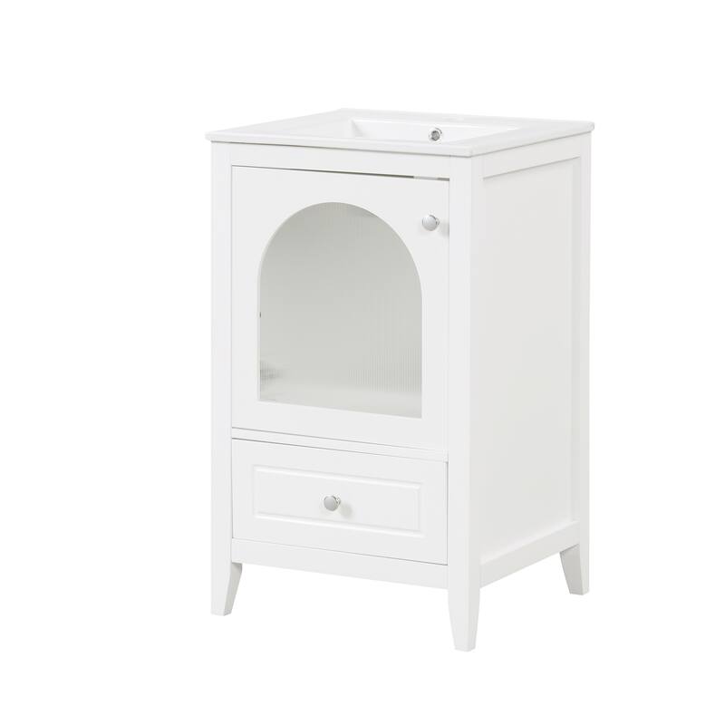 Bathroom Vanity with Ceramic Sink, Single Basin Vanity Set with Door and Drawer, Bathroom Cabinet with Soft Closing Glass Door