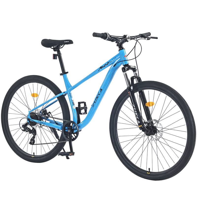 29 Inch Mountain Bike, 8-Speed Steel Frame with Front Suspension and Double Disc Brakes for Adults - Blue