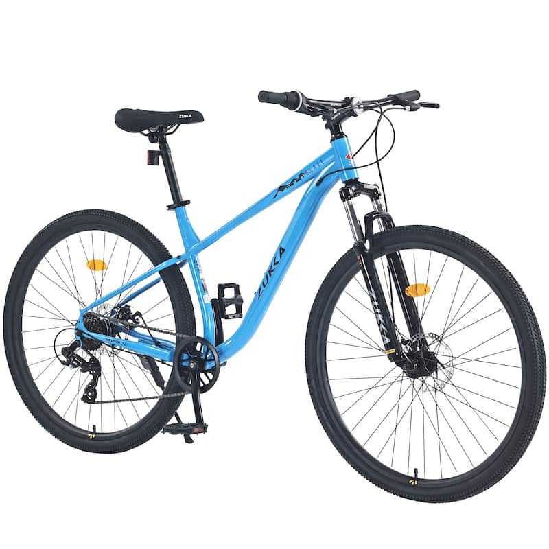 29 Inch Wheels All-Terrain Road Bicycle, 8 Speed Mountain Bike with Suspension Fork & Double Disc Brakes, Steel Frame for Teens - Blue