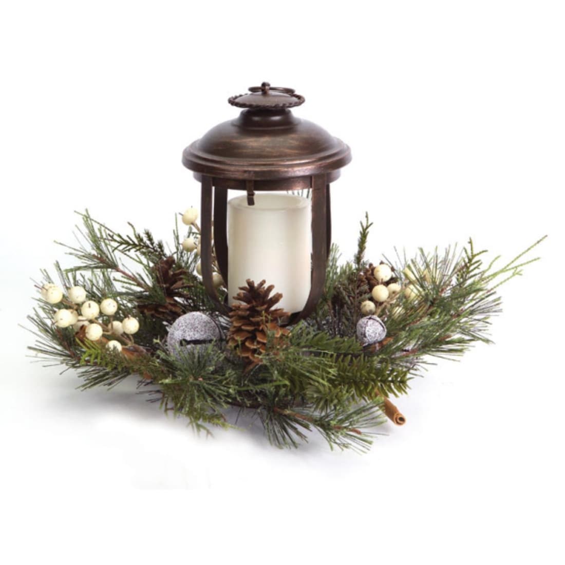 11 Woodland Lantern Frosted Pine Bell Christmas Pillar Candle Holder