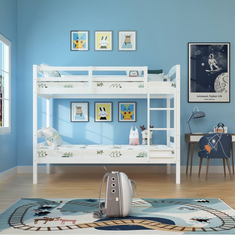 White/Espresso Wood Twin Over Twin Bunk Bed with Staircase