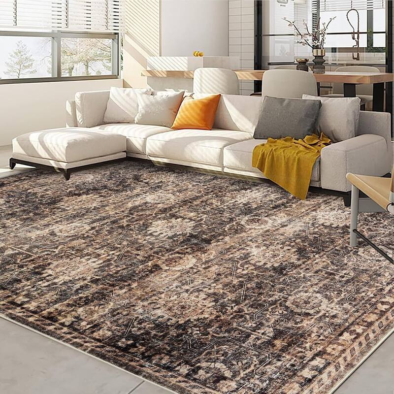 Vintage Boho Washbale Floor Cover Area Rug for Bedroom, Living Room, Brown - 1'6" x 2'6" - Brown 5' x 7'