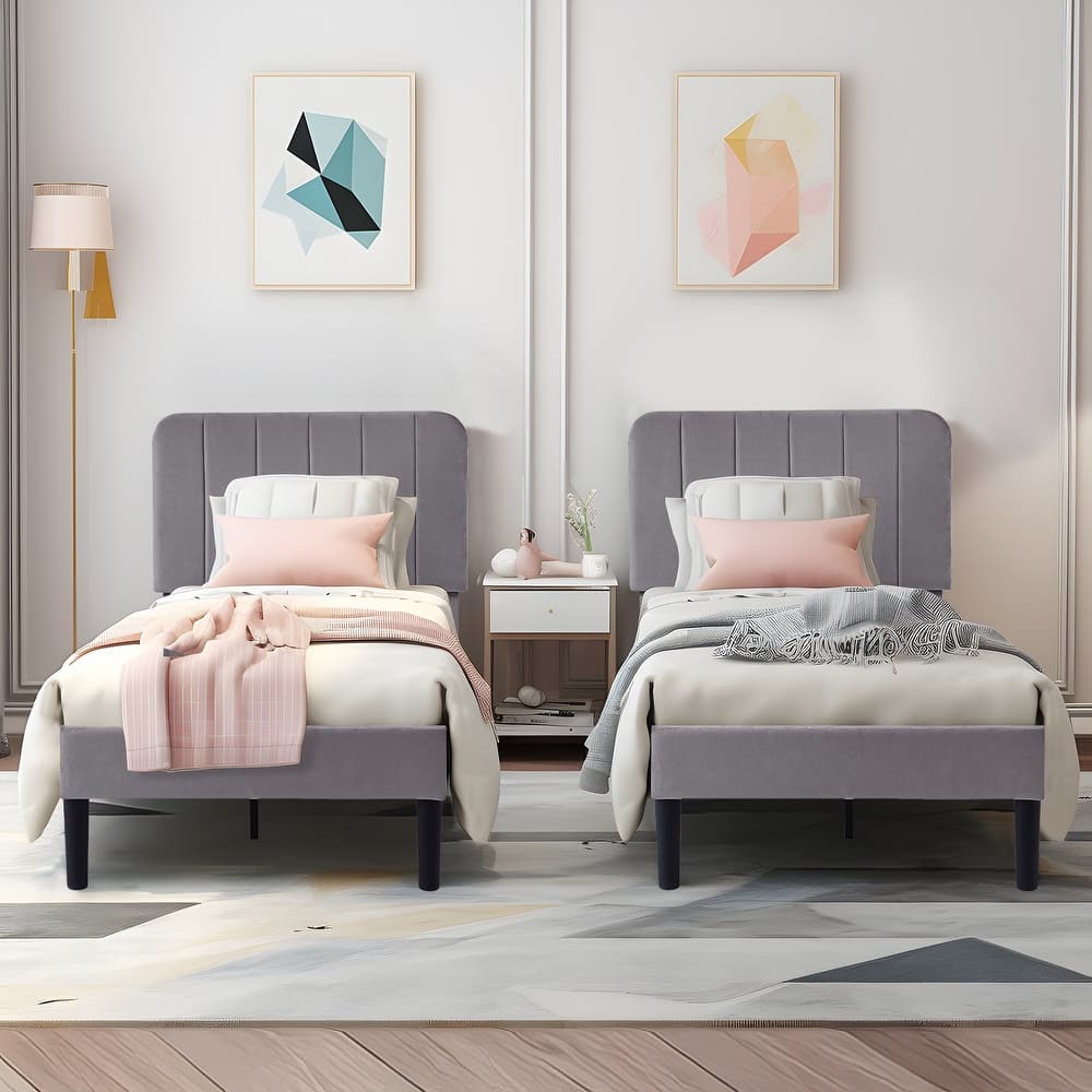 2 Pack Kids Bed Frame Height Adjustable Upholstered Headboard Bed Twin Size Bed Set of 2