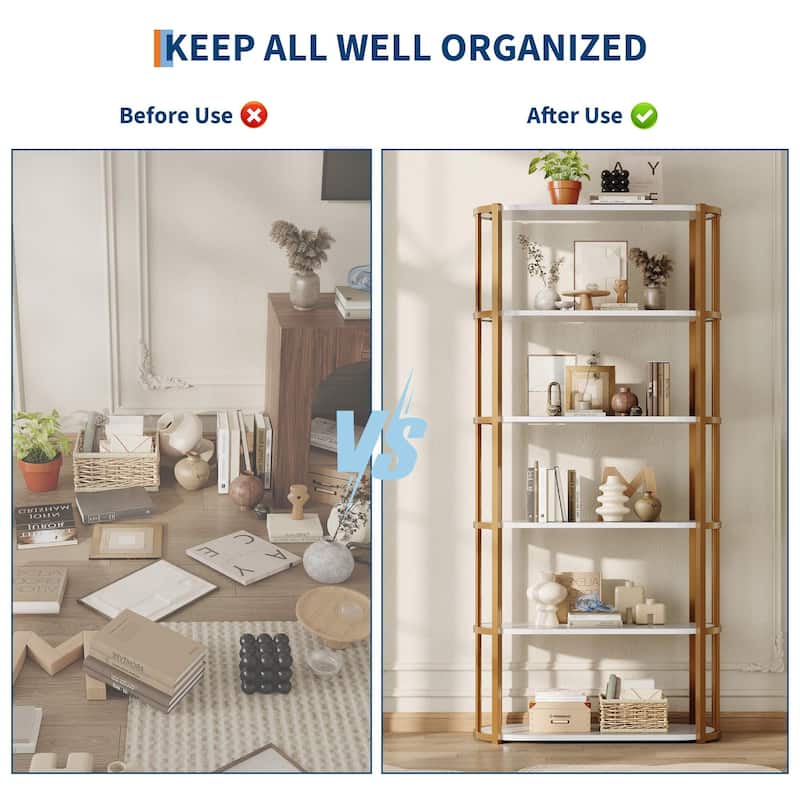71 Inch Industrial Wooden Bookshelf - 6 Tier Tall Bookcase, Metal Frame Large Storage Shelf