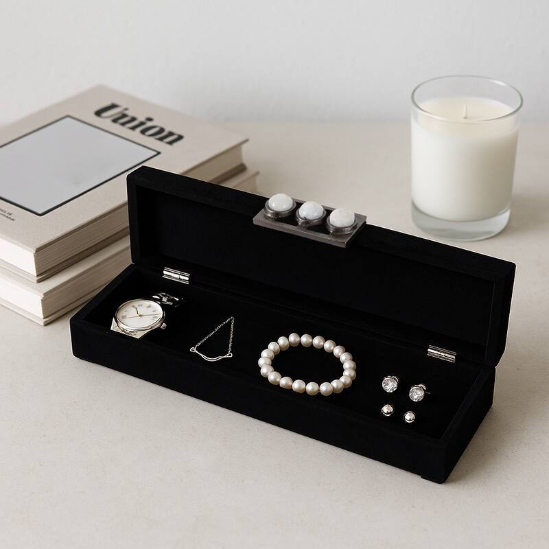 Decorative Box with Lid and Jeweled Metal Clasp - 18", Black - 18.0"