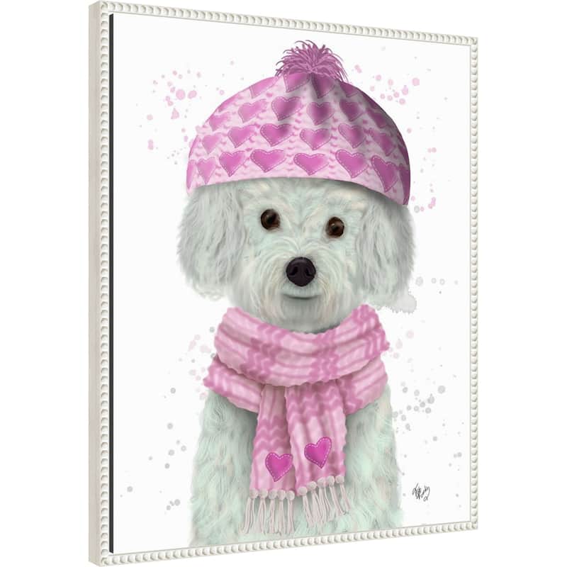 Bichon Frise in Pink Bobble Hat by Fab Funky (23 x 28 in.), Framed Canvas Wall Art Print - Sylvie Beaded White