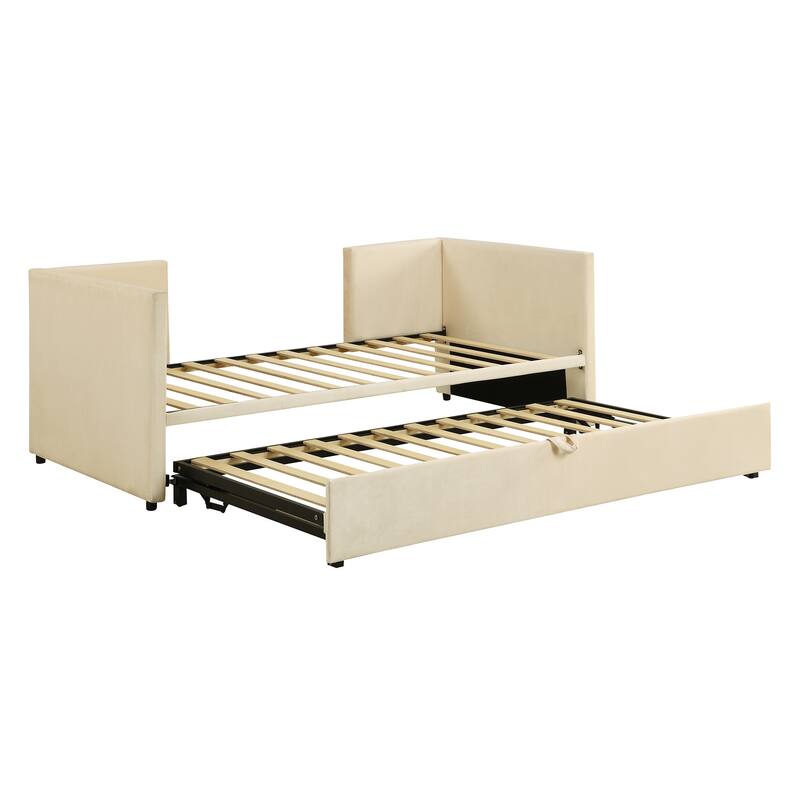 Beige Velvet Upholstered Twin Daybed, Pop Up Trundle, Expandable to King Size, Versatile