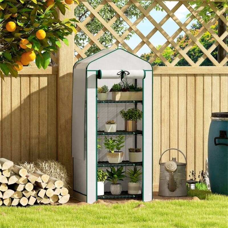 White Steel PE Cover 4-Tier Mini Greenhouse with Roll-Up Zipper Door
