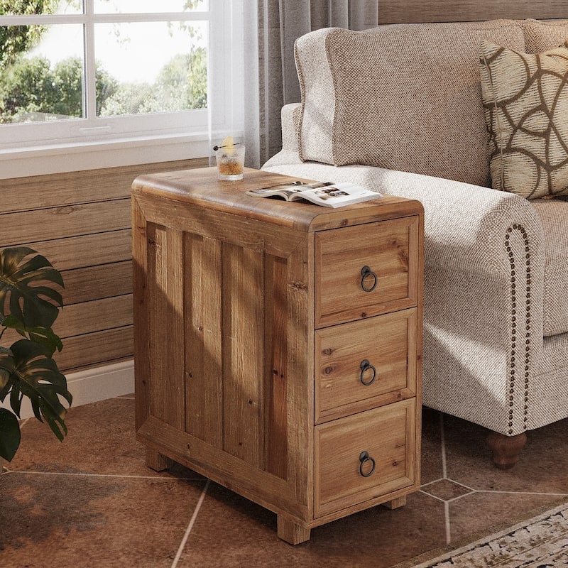 Solid Wood End Table for Living Room / Bedroom, Couch Side Table with 3 Drawers