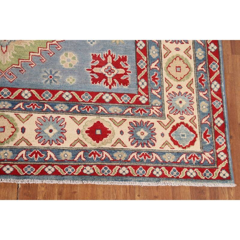 Light Blue Kazak Area Rug Living Room Hand-Knotted Wool Carpet - 6'8" x 9'9"