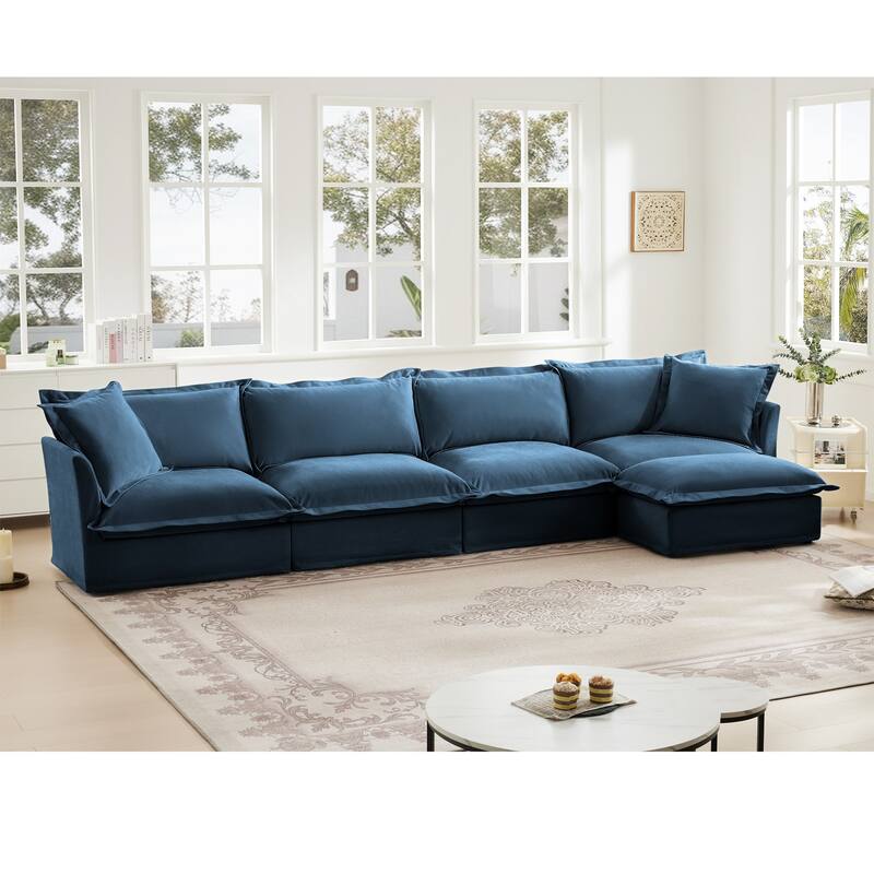 Modern 4 Seater Upholstered Sofa with 1 Ottoman and 2 Pillows