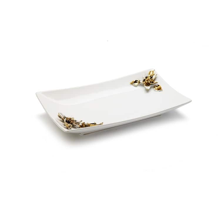 White Porcelain Tray with Flower on handles - 16"L x 11"W