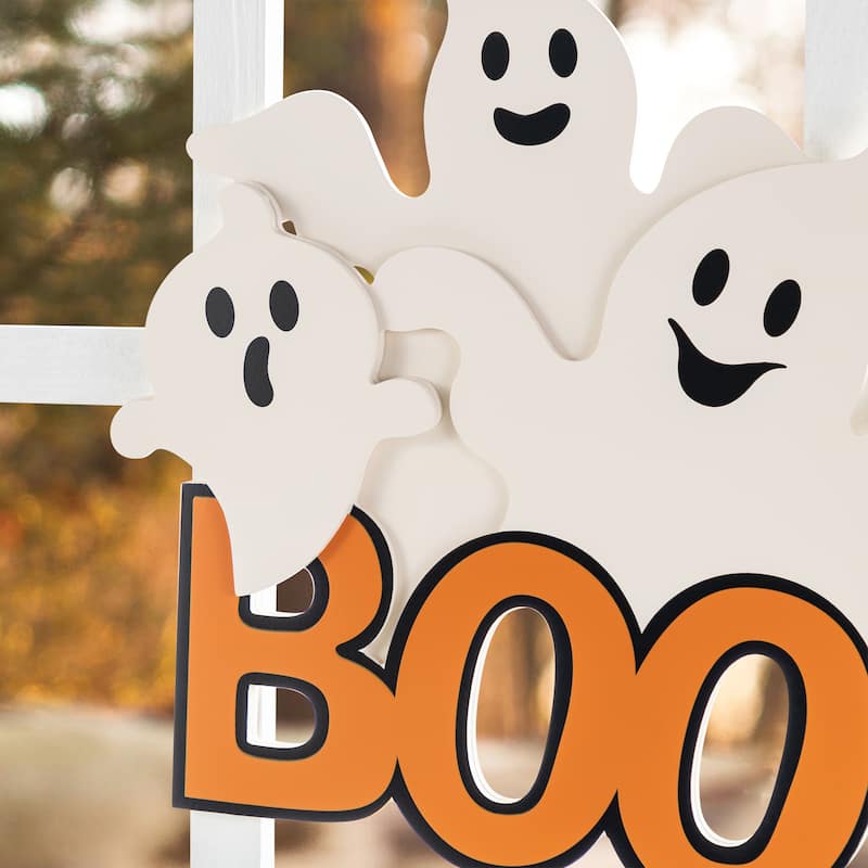 Glitzhome 14"H Halloween Wooden Ghost BOO or Jack O Lantern Door Hanger Wall Decor