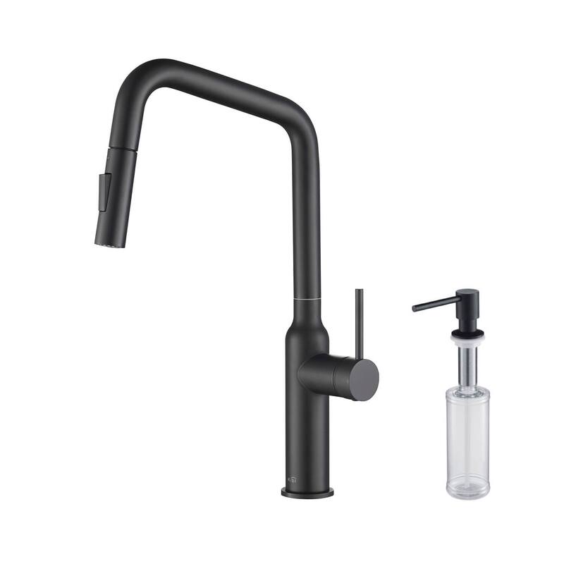 Brass High Arc Single Lever Kitchen Faucet with Pull Down Sprayer - Matte Black W/ Soap Dispenser