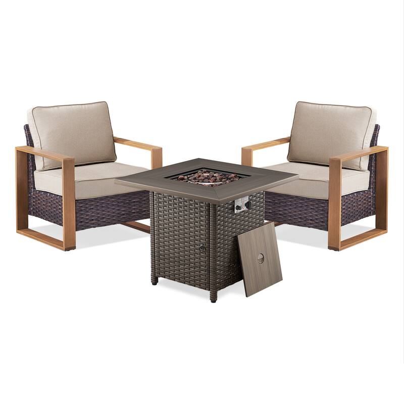 Meyreso 3-Piece Wicker Patio Conversation Set with Fire Pit & Plush 4.5" Olefin Cushions