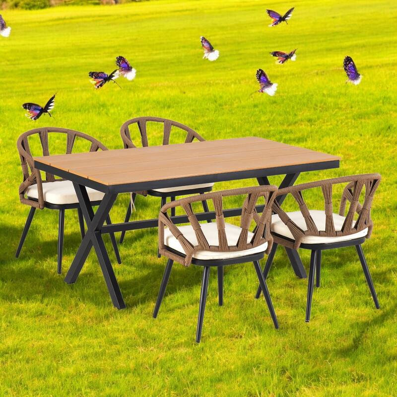 5-Piece Outdoor Dining Set with Plastic Wood Table & HDPE Chairs – Outdoor Set Iron Frame, Weather-Resistant, Seats 4