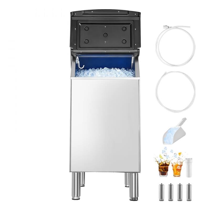 Silver-Black Stainless Steel Commercial Ice Maker Storage Bin 300lbs with Gravity Drainage and Insulated Casing