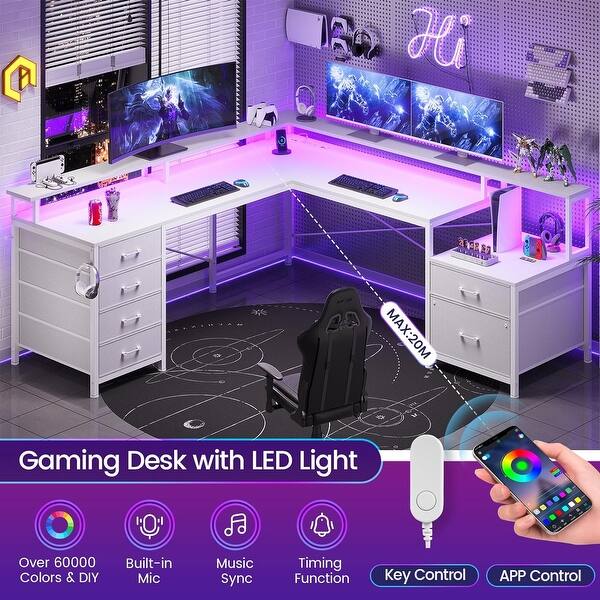 L Shaped Desk with Drawers, 65 Computer Desk with Power Outlets & Oak