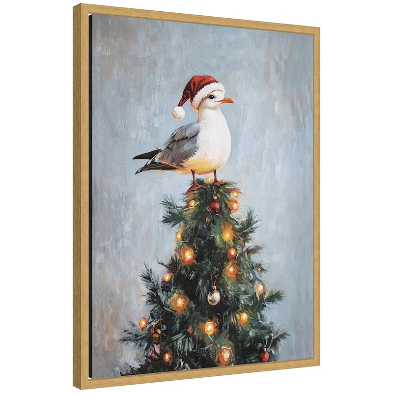 Kate and Laurel Framed Canvas Seagull Santa Hat Festive Holiday Tree by The Creative Bunch Studio - 18 x 24