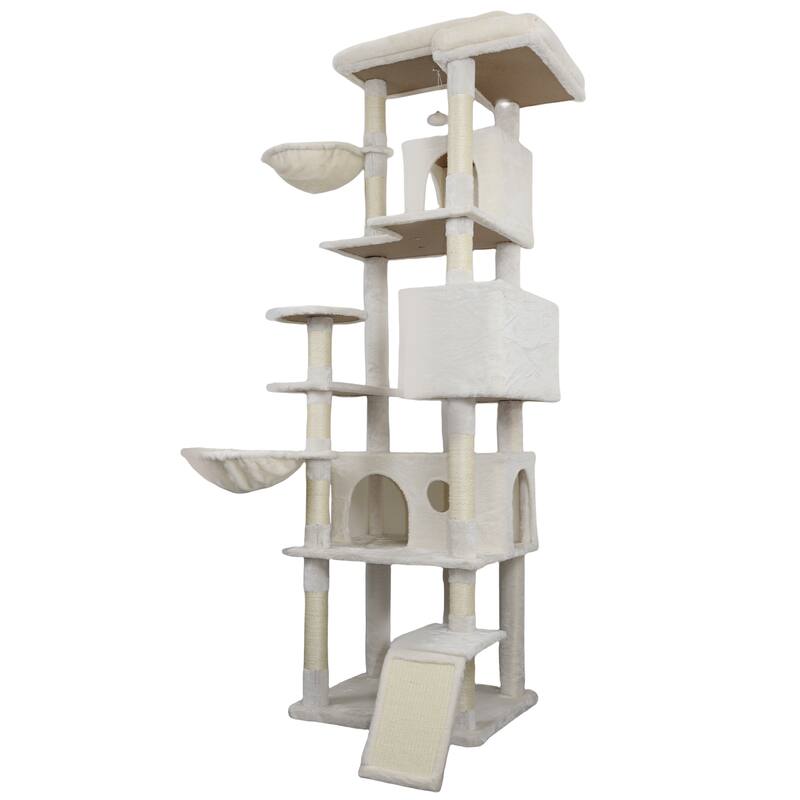 84 in Beige cat tree tower with large condo sisal scratching post big hammock and top platform