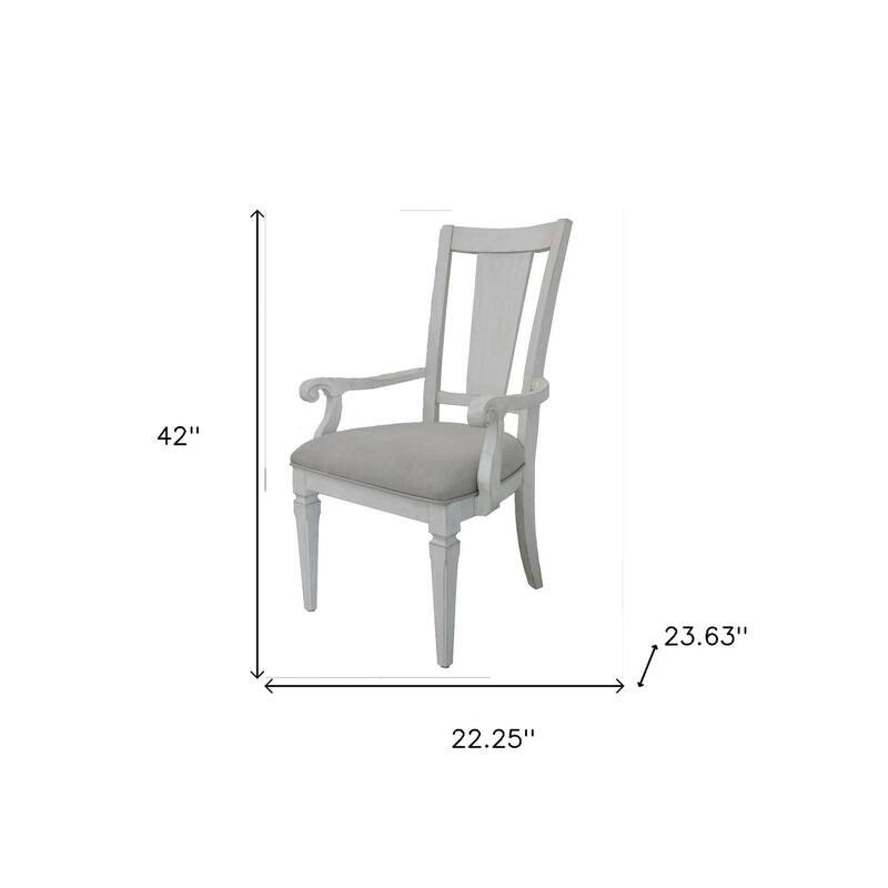 HomeRoots Set of Two Light Gray and White Upholstered Linen And Solid Wood Open Back Dining Arm Chairs