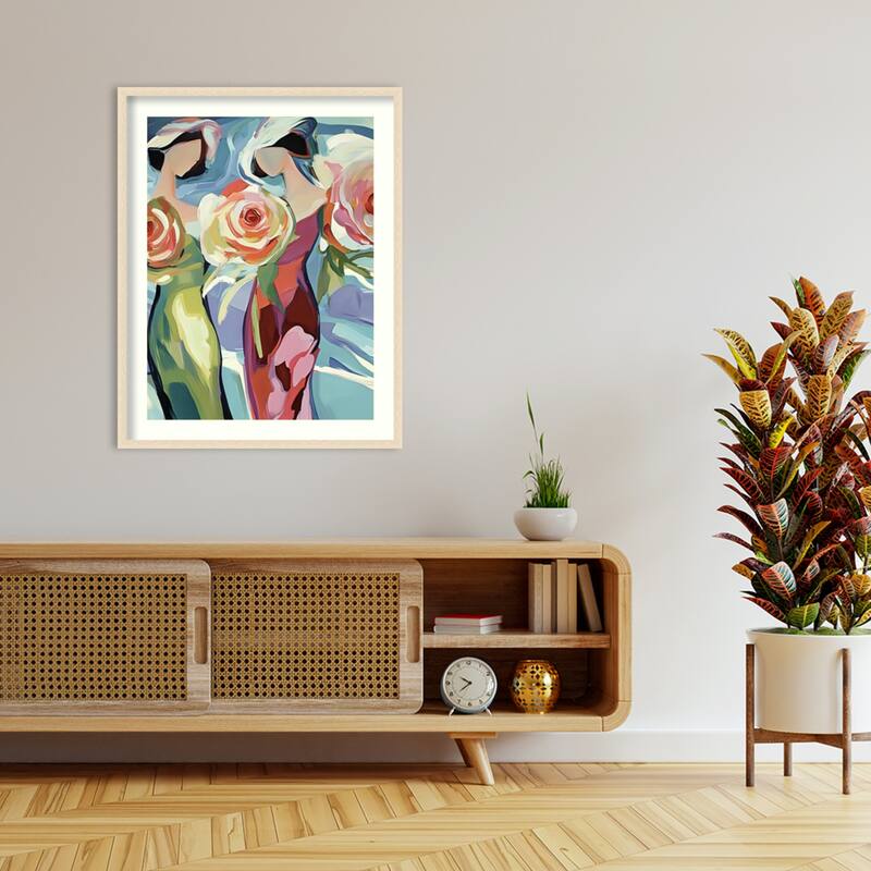 Two Women With Roses by Elena Avanesova Wood Framed Wall Art Print