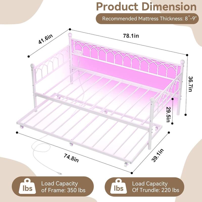Heavy Duty Daybed, Twin Size Platform Sofa Bed Frame Set with Charging Station