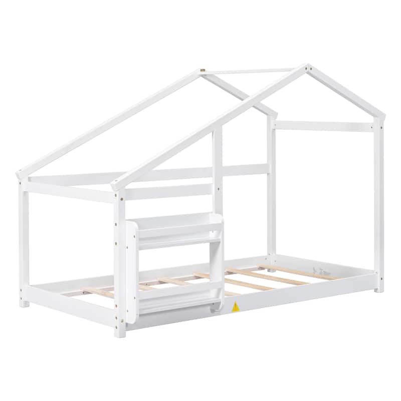 Twin Wooden House Floor Bed with Shelf & Roof