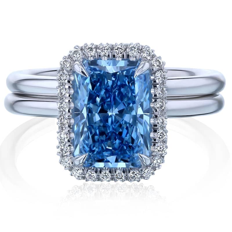 Kobelli 3.40 Carat Blue Diamond Certified 14k Solid Gold Radiant-cut Plain Comfort Bands Aomori 2pc Bridal Set (Excellent) - White - 4.5