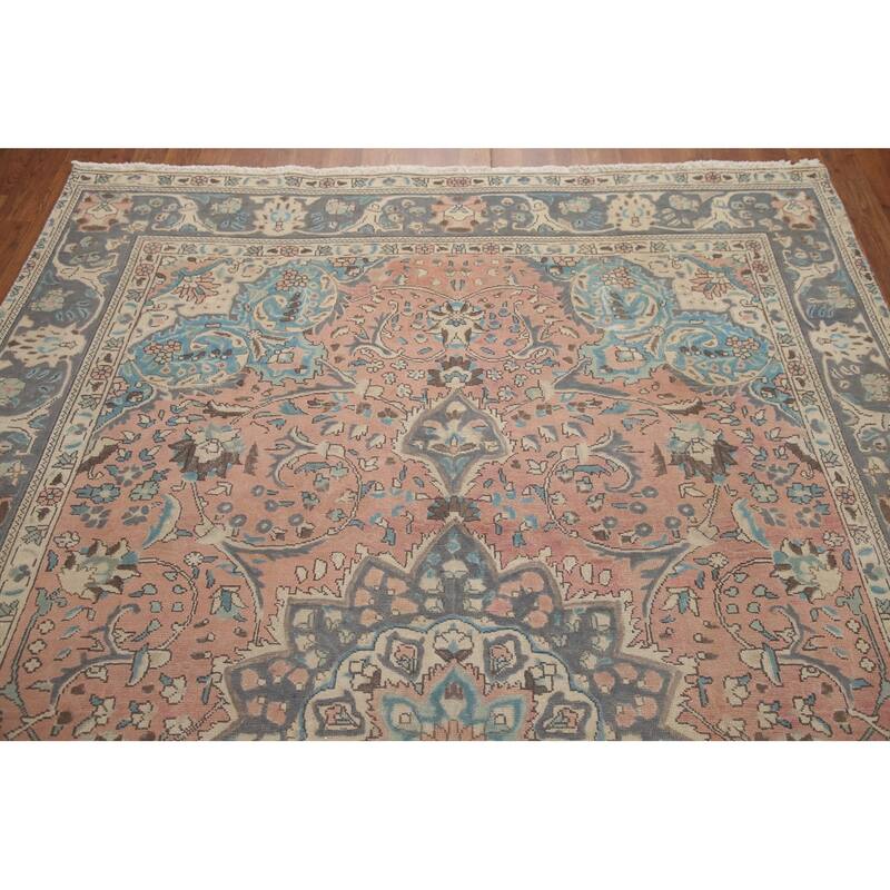 Hand Knotted Oriental 100% Wool Carpet Traditional Floral Pink Tabriz Area Rug - 9' 5'' X 6' 4''