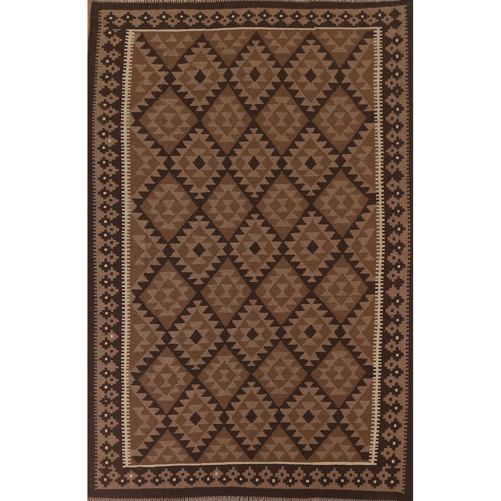 Hand Woven Oriental 100% Wool Carpet Southwestern Geometric Brown Kilim Area Rug - 9' 9'' X 6' 11''