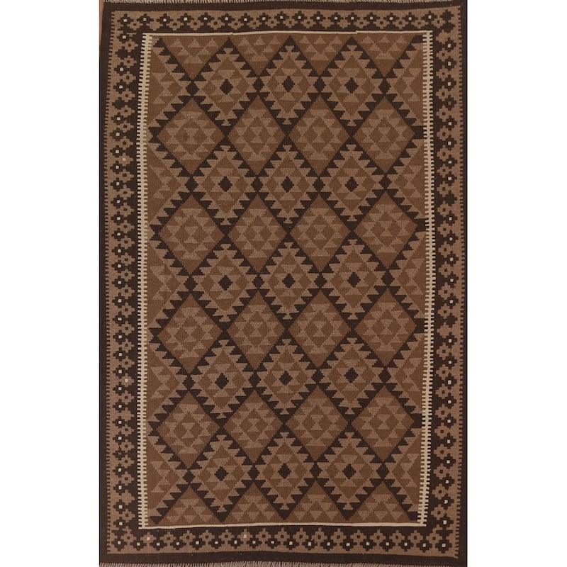 Hand Woven Oriental 100% Wool Carpet Southwestern Geometric Brown Kilim Area Rug - 9' 9'' X 6' 11''