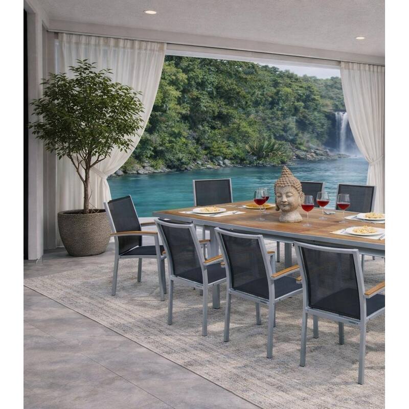 Luna Light Grey 9-Piece Aluminum Outdoor Dining Set with Sling Set in Black - N/A
