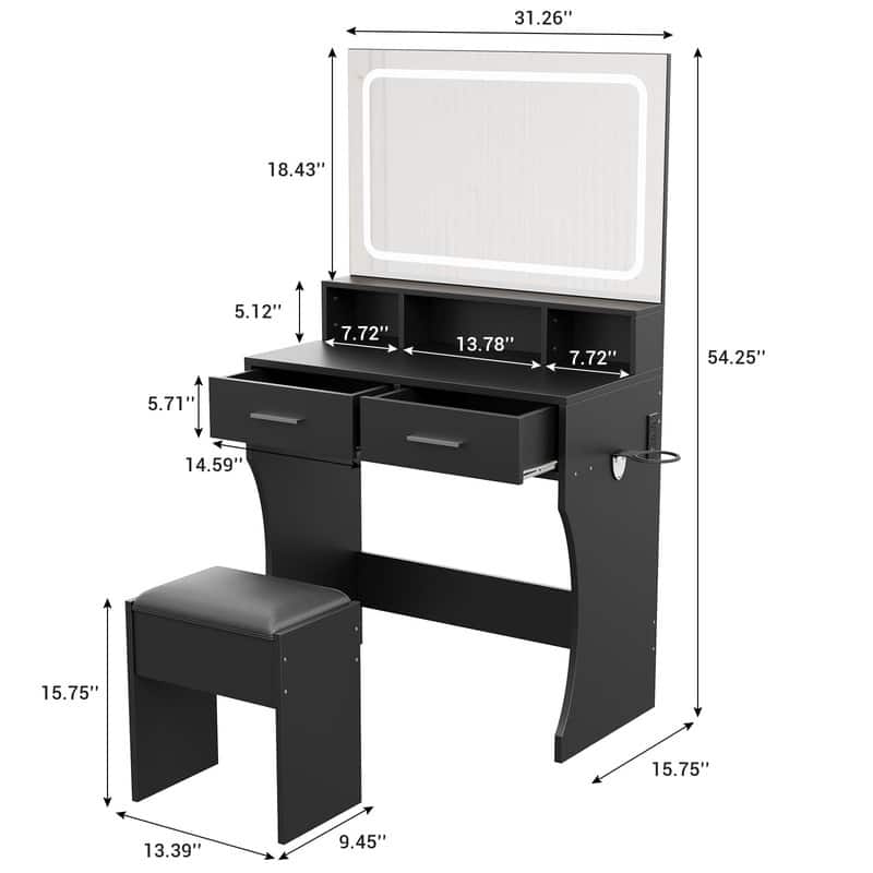 Makeup Table Set with 2 Drawers, Open Shelves, Charging Station & Stool