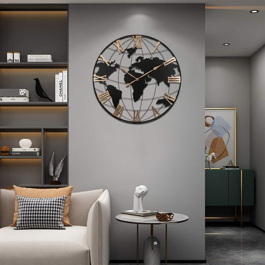 36" Round Metal World Map Wall Clock