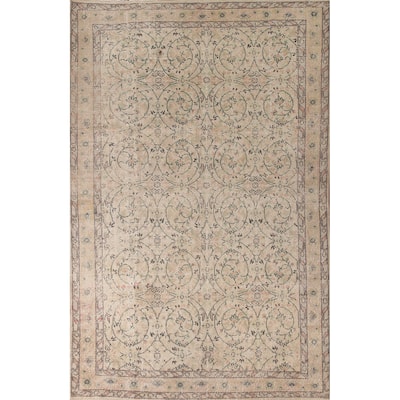 Distressed Floral Sparta Turkish Vintage Rug Hand-Knotted Wool Carpet - 6'3"x 9'8"