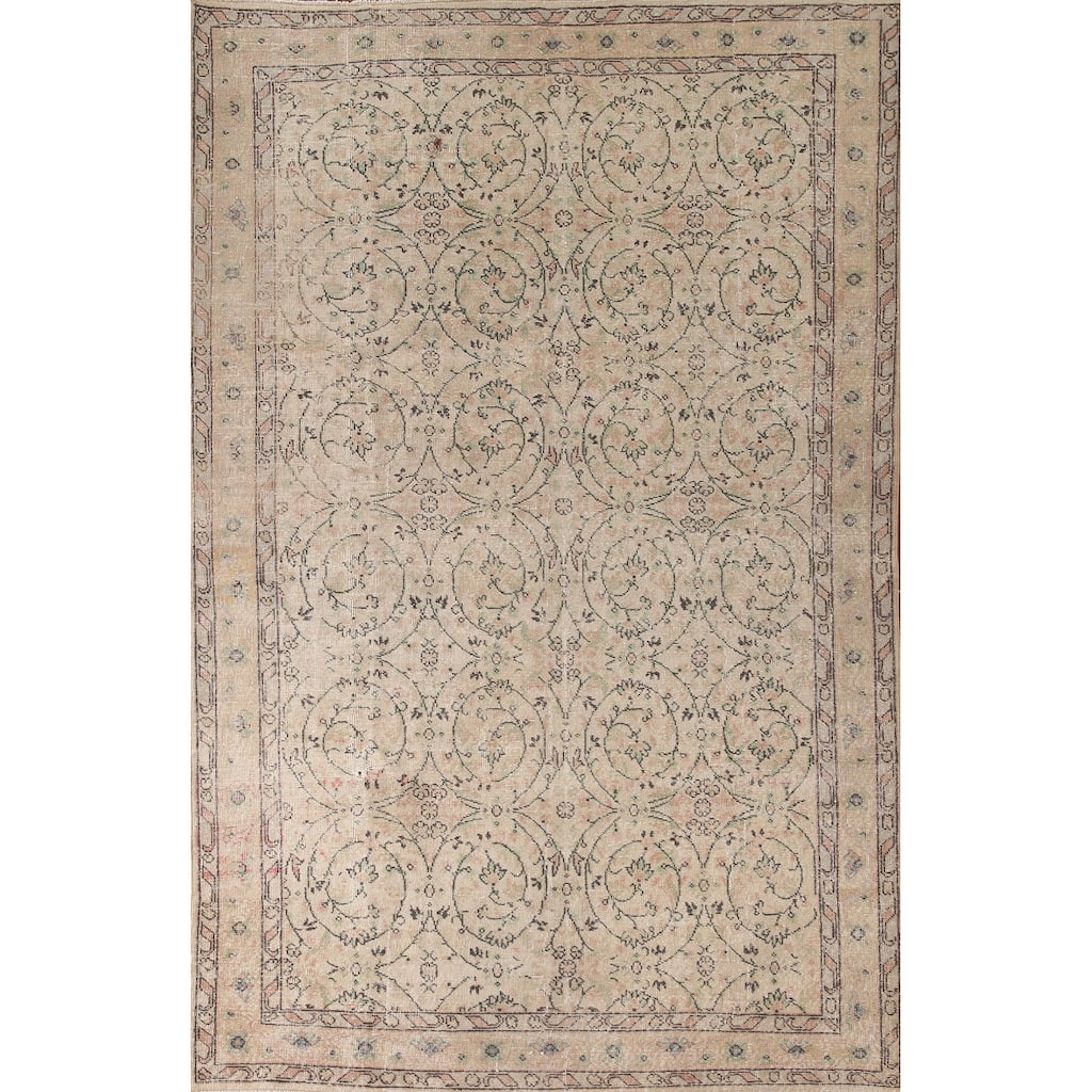 Distressed Floral Sparta Turkish Vintage Rug Hand-Knotted Wool Carpet - 6'3"x 9'8"