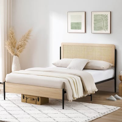 Wooden Metal Platform Bed Frame With Rattan Headboard