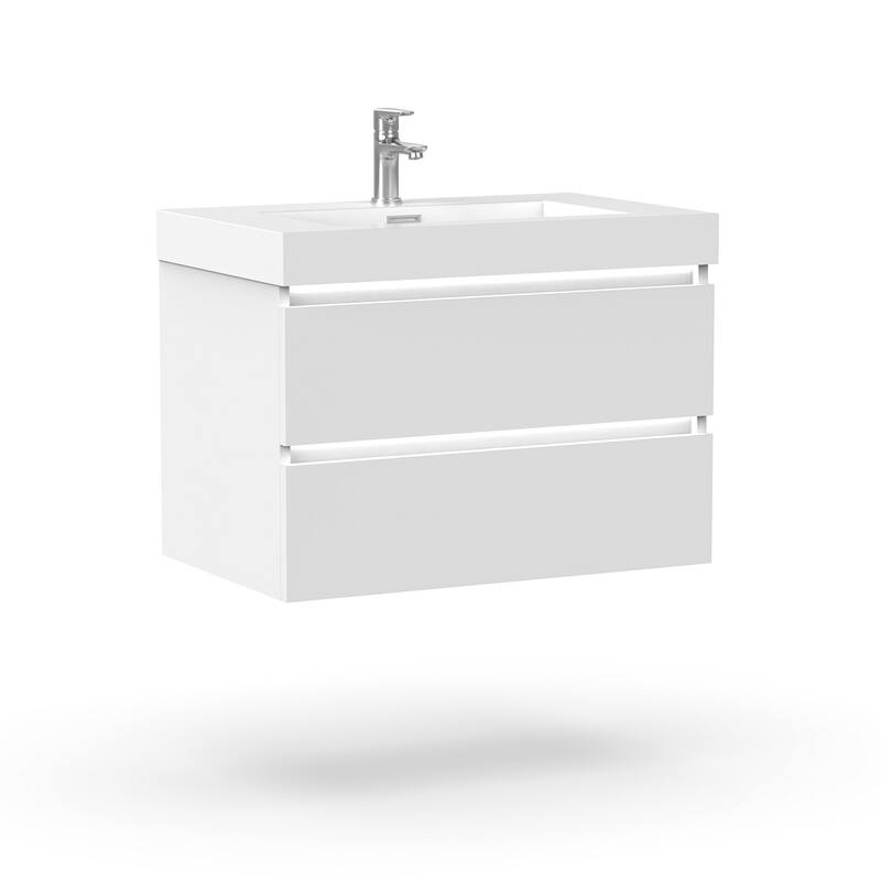 Vanity Art LED Light 24-Inch Single Sink Wall Hung Bathroom Vanity Set White Stone Top Glossy Finish with Sensor Switch