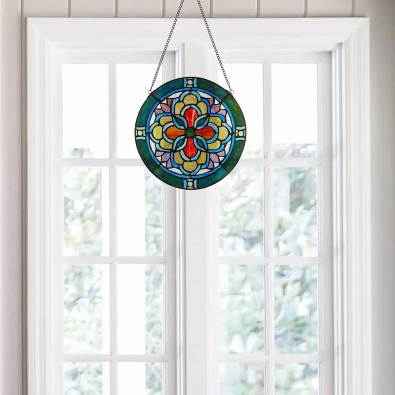 Geometric River of Goods Teal and Yellow Tiffany-Style Stained Glass Round Window Panel - 12" x 0.25" x 12"