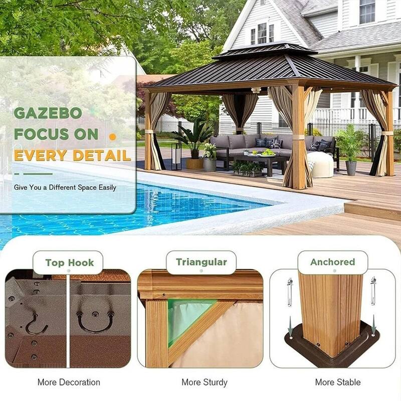 Erommy Pro Series Outdoor Galvanized Steel Roof Gazebo Pergola w/ Aluminum Frame & Vertical Rain Cutter