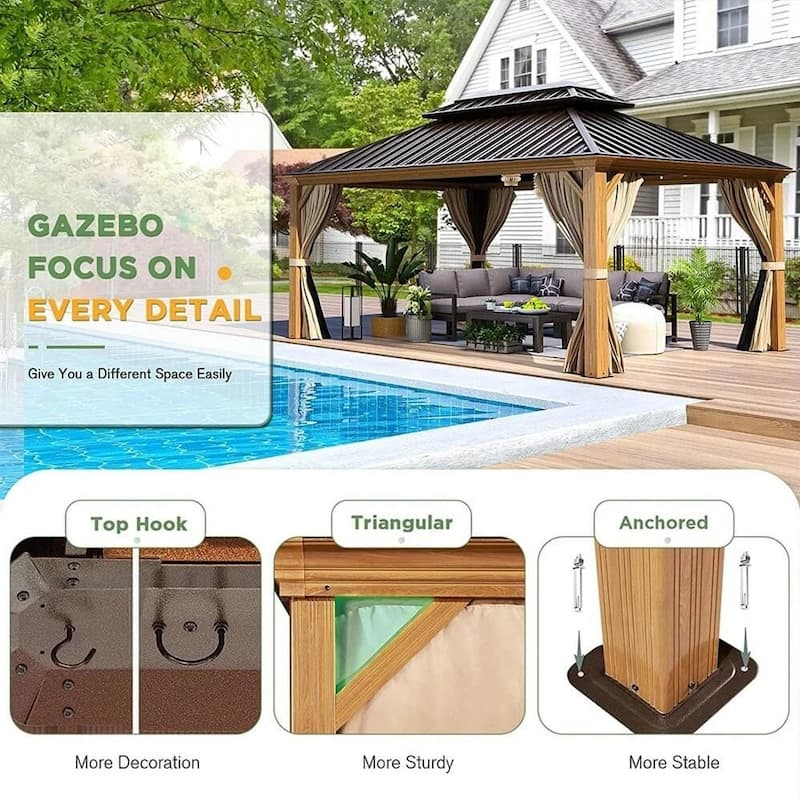 Outdoor Galvanized Steel Roof Gazebo Pergola w Wooden Coated Alumninum Frame, Privacy Curtains and Nettings Include
