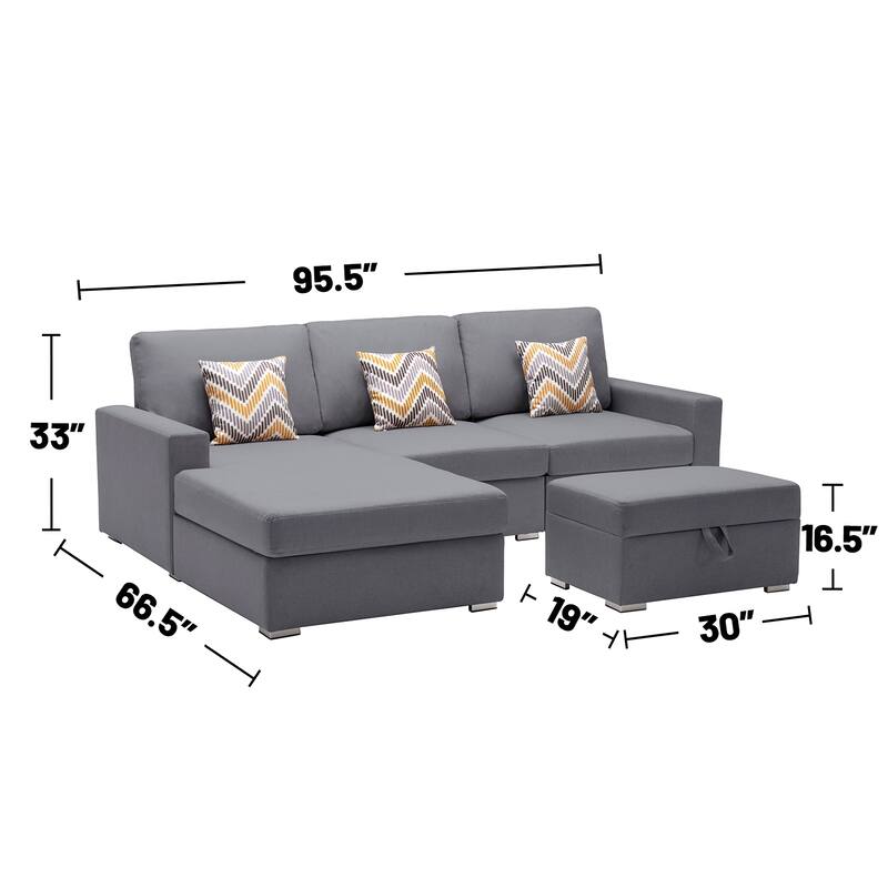 Linen Fabric 4 Piece Reversible Sofa Chaise with Interchangeable Legs and Storage Ottoman in Grey