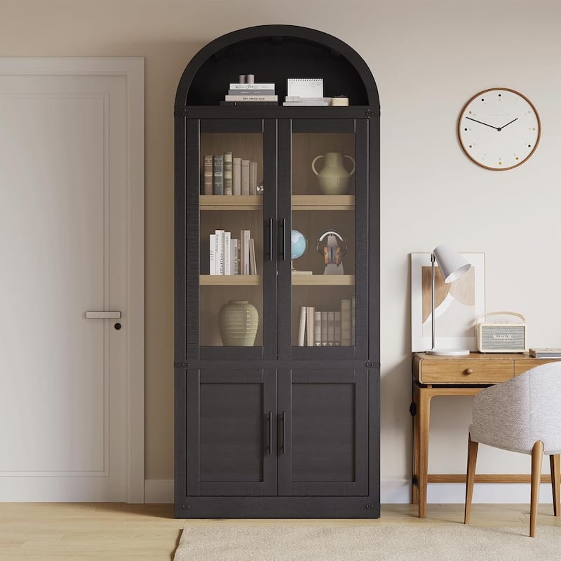 Arched 6-Shelf Bookcase, Display Cabinet with Glass Doors - N/A - Black