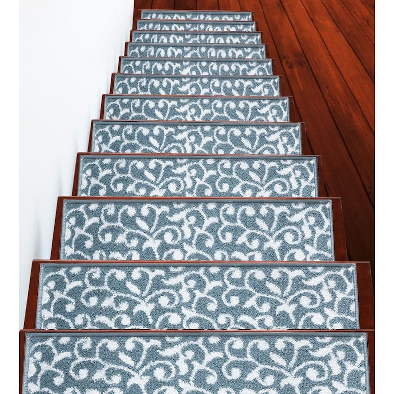 SussexHome Leaves Pattern Stair Treads - 13-PACK - Teal-White