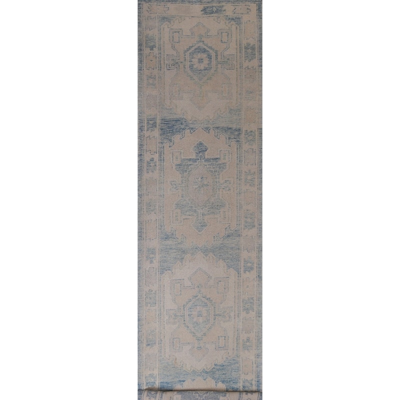 Hand Knotted Oriental 100% Wool Carpet Transitional Geometric Navy Blue & Blues Oushak Runner Rug - 17' 2'' X 3' 4''