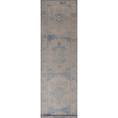 Hand Knotted Oriental 100% Wool Carpet Transitional Geometric Navy Blue & Blues Oushak Runner Rug - 17' 2'' X 3' 4''