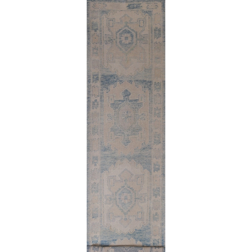 Hand Knotted Oriental 100% Wool Carpet Transitional Geometric Navy Blue & Blues Oushak Runner Rug - 17' 2'' X 3' 4''