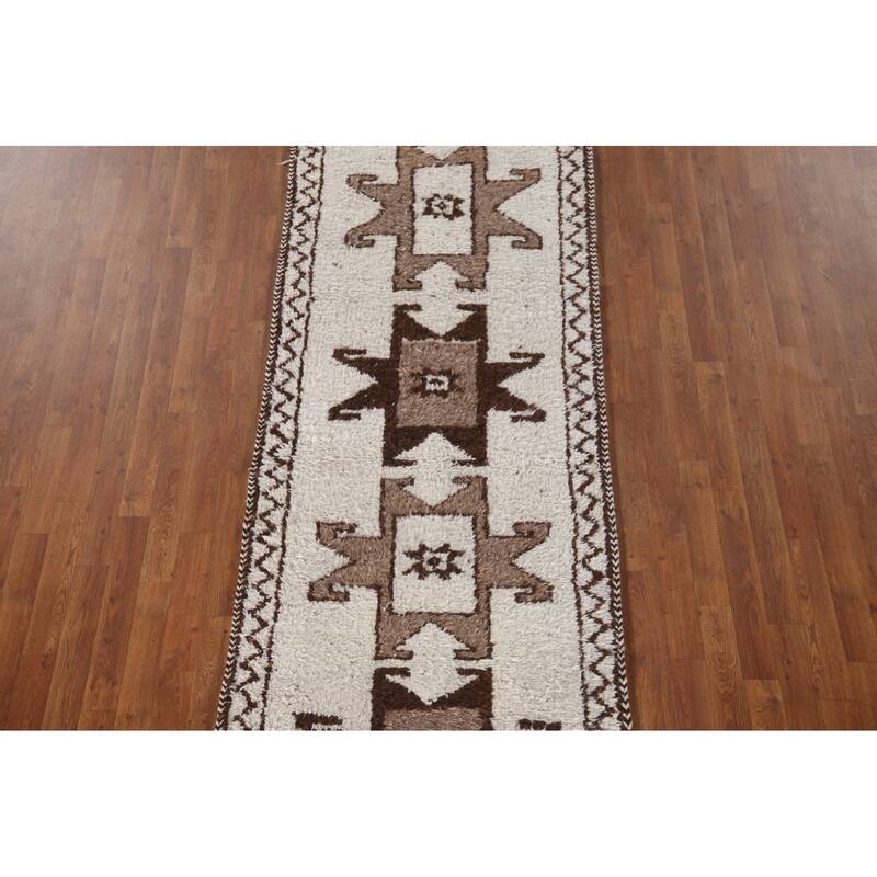 Natural Dye Beige Tribal Anatolian Runner Rug Hand-knotted Wool Carpet - 3'2"x 10'9"